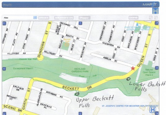 Map of Beckett Falls featuring the upper and lower falls.