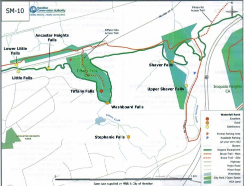 Map with Stephanie Falls and surrounding waterfalls.